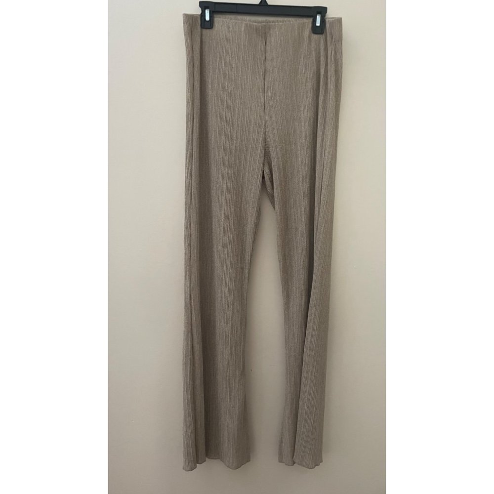 NWT Zara wide leg tan gold metallic Ribbed sheer Flowy Pants Size XL elastic